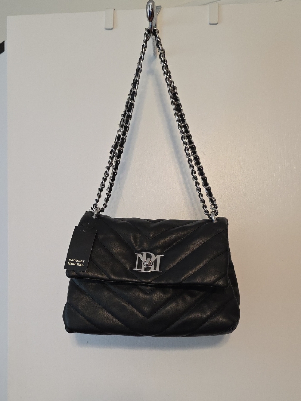 NWT Badgley Mischka Black Quilted Shoulder Bag with Silver Chain